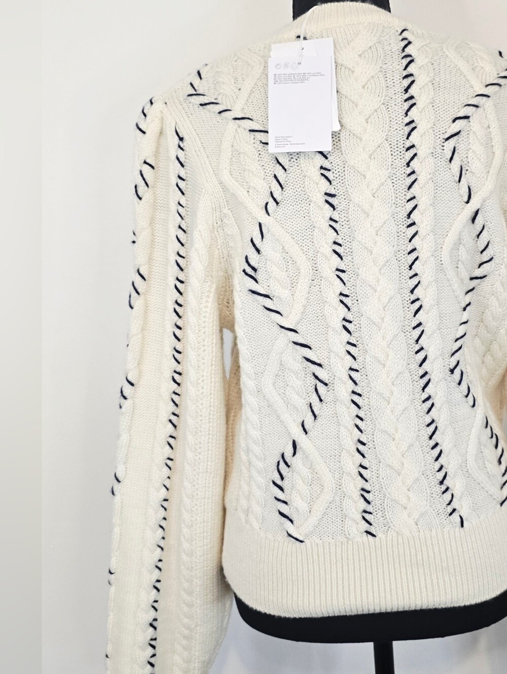 & Other Stories Paris Atelier Cream Cable Knit Wool Sweater Navy Whipstitch - Picture 9 of 10